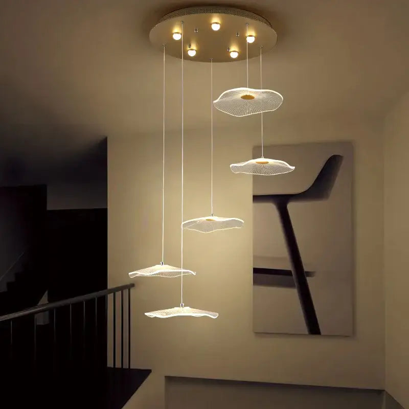 Modern decorbites lotus leaf led pendant chandelier with translucent white shades and gold fixtures for staircase and living room