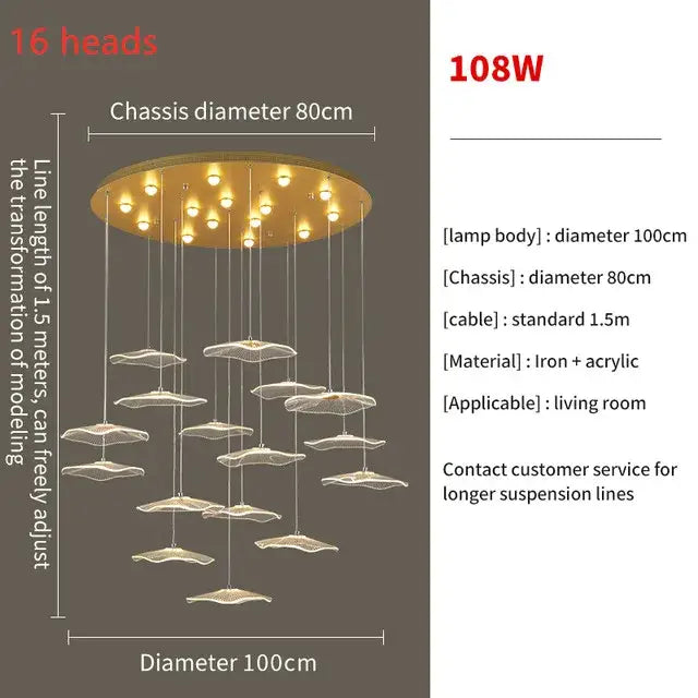 Gold-toned decorbites lotus leaf LED pendant chandelier with 16 illuminated heads on circular iron and acrylic chassis
