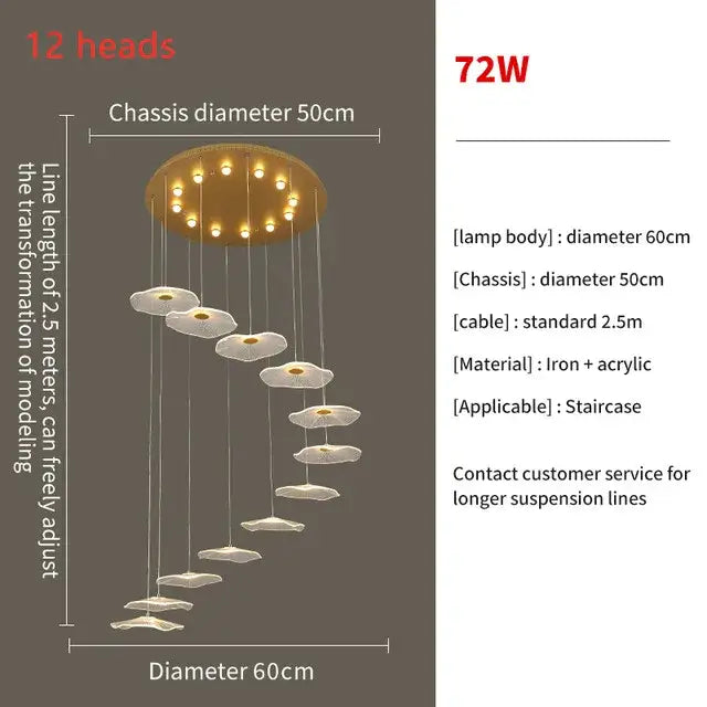 Gold-toned decorbites lotus leaf led pendant chandelier with 12 illuminated white acrylic shades on iron frame for living room