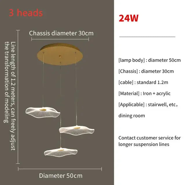 Modern decorbites lotus leaf led pendant chandelier with gold iron and white mesh shades for staircase and living room