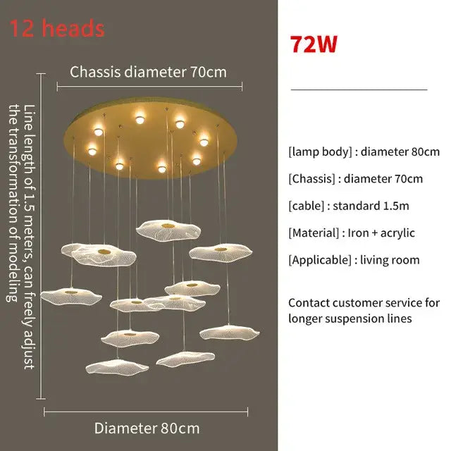 Modern 72w decorbites lotus leaf led pendant chandelier with twelve cloud-shaped acrylic lamp heads and iron chassis