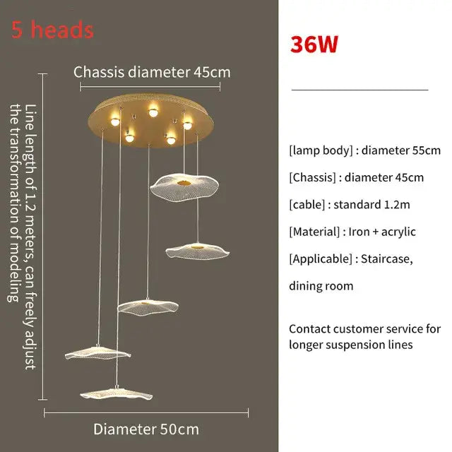 Decorbites lotus leaf led pendant chandelier with golden circular chassis and white acrylic petal lamps for living room