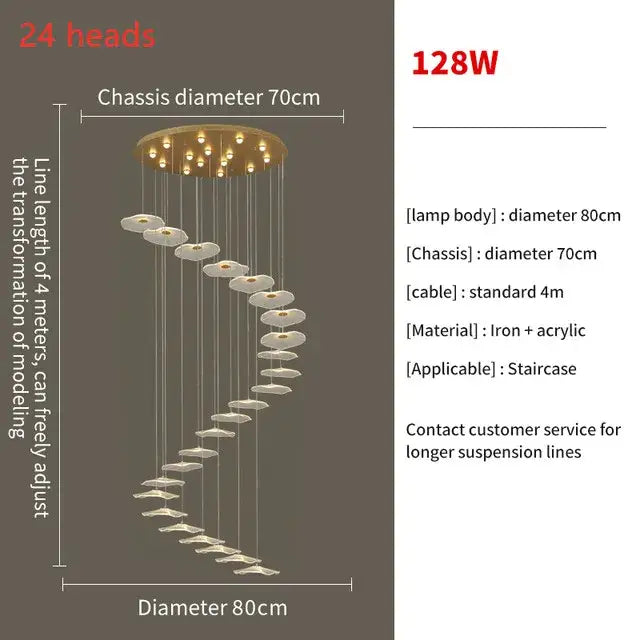 A modern decorbites lotus leaf led pendant chandelier with 24 warm iron and acrylic lights for staircase decor