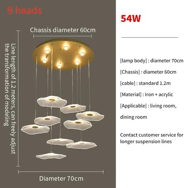 Modern decorbites lotus leaf leaf led pendant chandelier with golden circular chassis and white acrylic lamps for living room