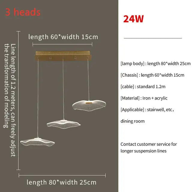 Decorbites lotus leaf three-head pendant chandelier with translucent acrylic leaf led design and iron frame for living room