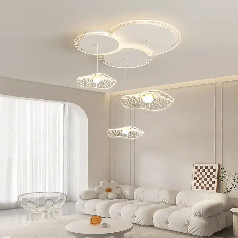Modern white DecorBites lotus leaf pendant light with circular and leaf-shaped LED design for minimalist living rooms