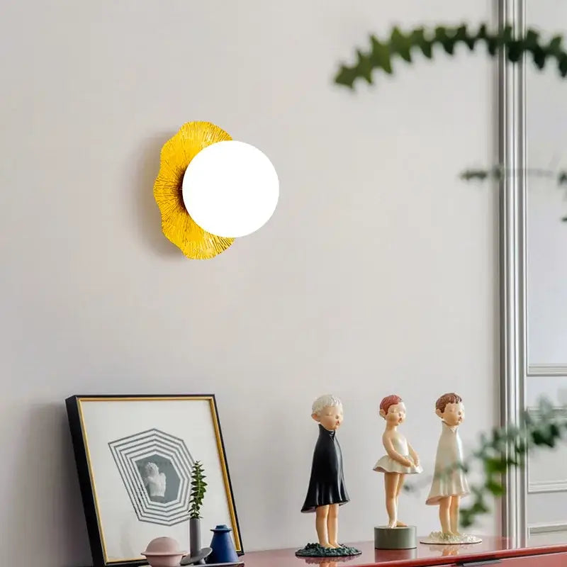 Yellow wall lamp featuring decorbites lotus leaf design with round white light lotus leaf led for modern living room