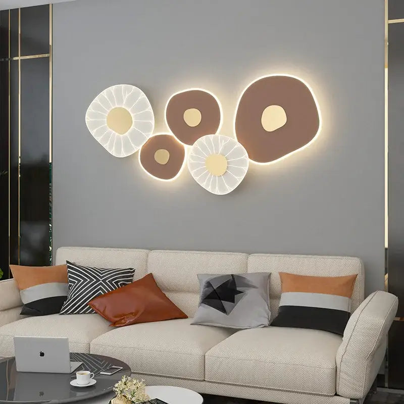 Modern geometric lotus leaf led wall light with illuminated white and brown petal-like designs for stylish décor