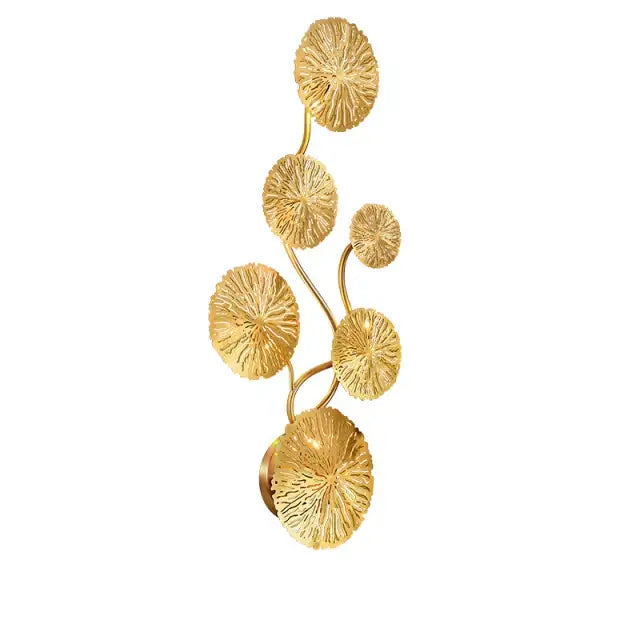 Gold-toned decorbites lotus leaf wall lights with textured circular leaf elements on curved stem for living room decor