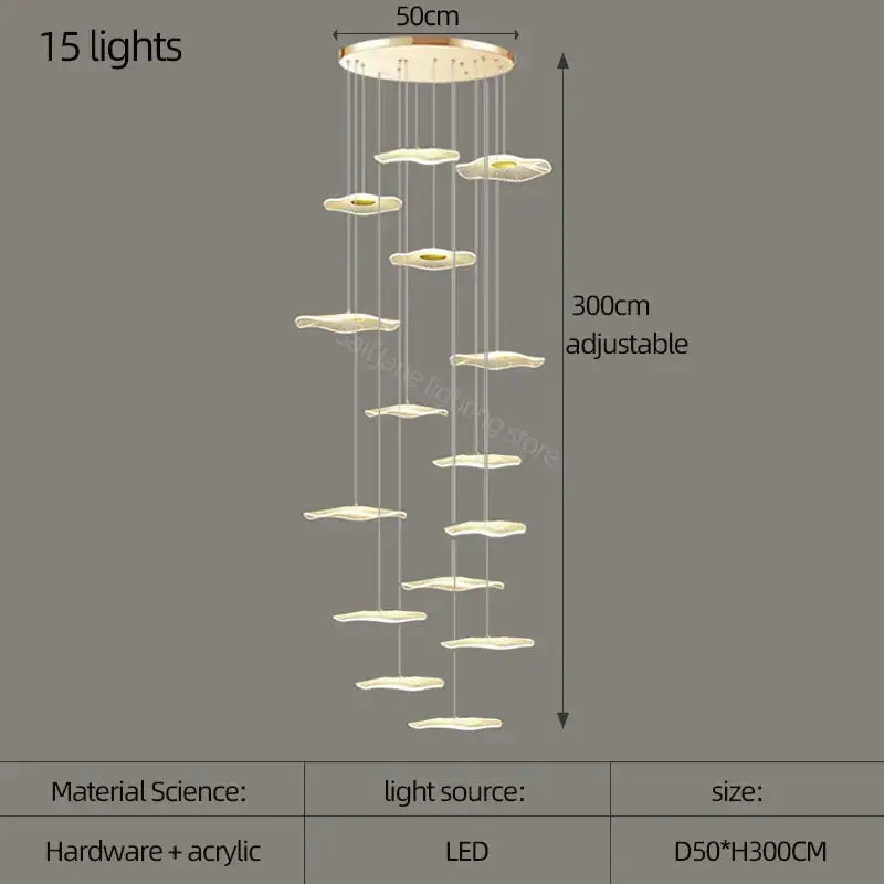 Modern adjustable 300cm decorbites lotus leaf nordic chandelier with 15 led lights and translucent acrylic shades