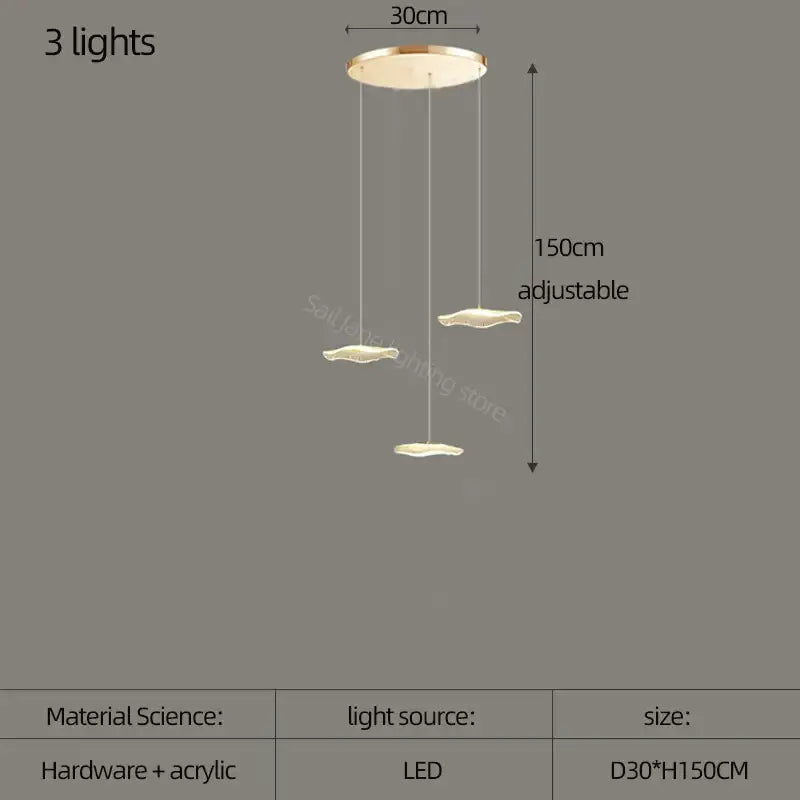 Modern minimalist pendant light DecorBites Lotus Leaf with three leaf-shaped acrylic shades and brass Nordic base