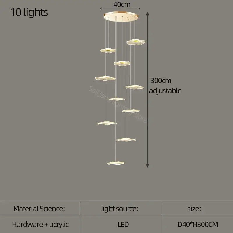 A modern decorbites lotus leaf nordic chandelier with ten white acrylic flower-shaped shades and adjustable cascading design