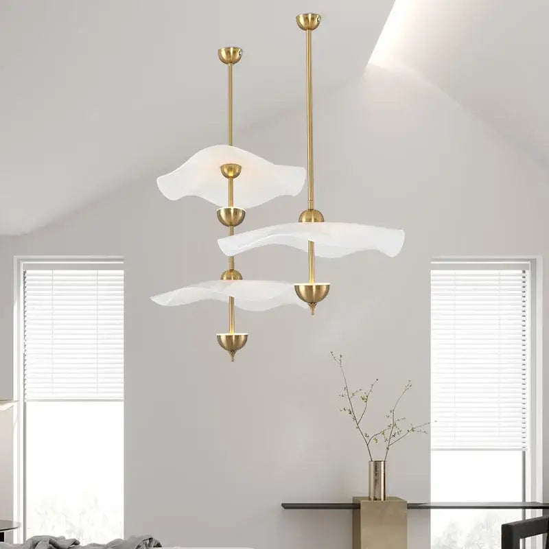 Modern gold-toned decorbites lotus leaf pendant lamp with layered translucent white glass shades for home and restaurant lighting