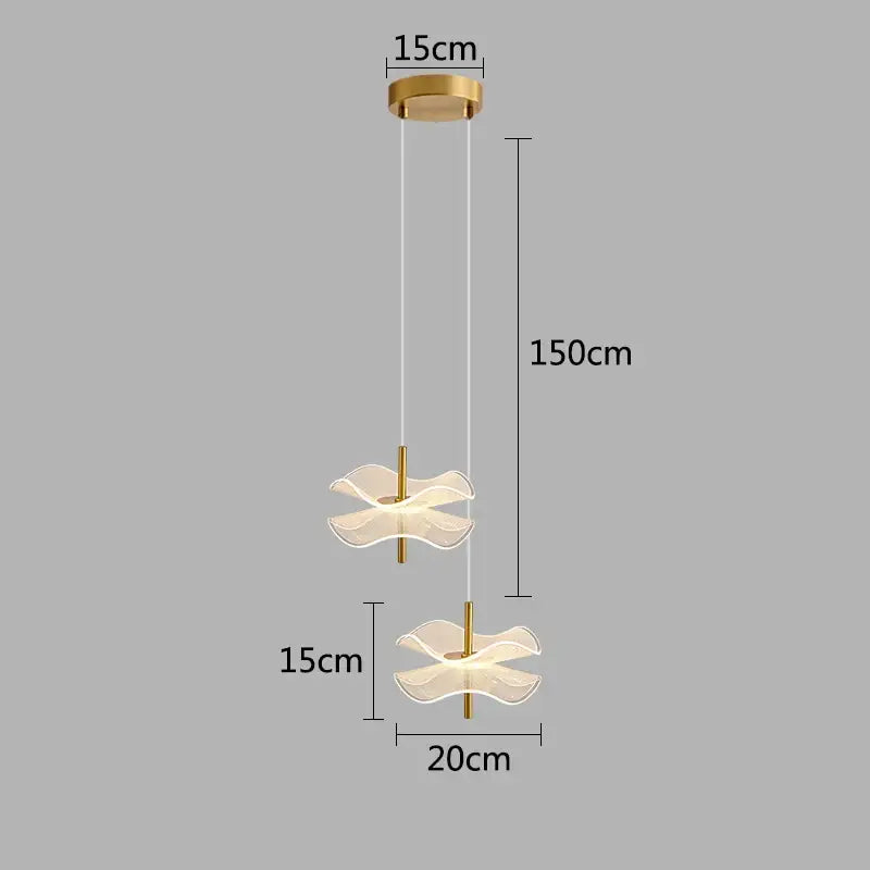 Gold-toned DecorBites lotus leaf pendant light with two translucent petal-shaped diffusers for restaurant and bedroom use