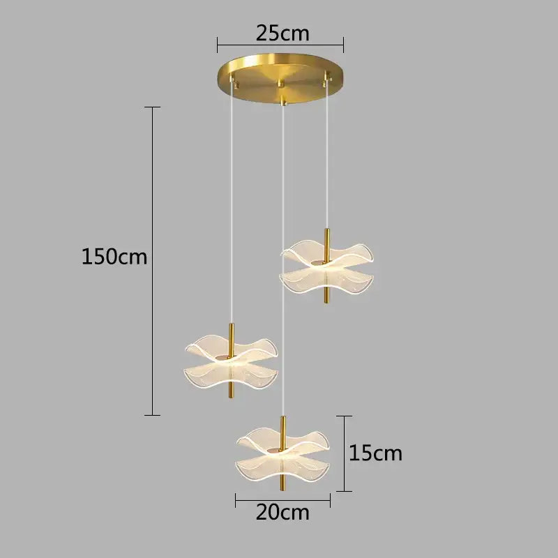 Gold-toned DecorBites lotus leaf pendant light with three translucent glass shades for restaurant and bedroom use