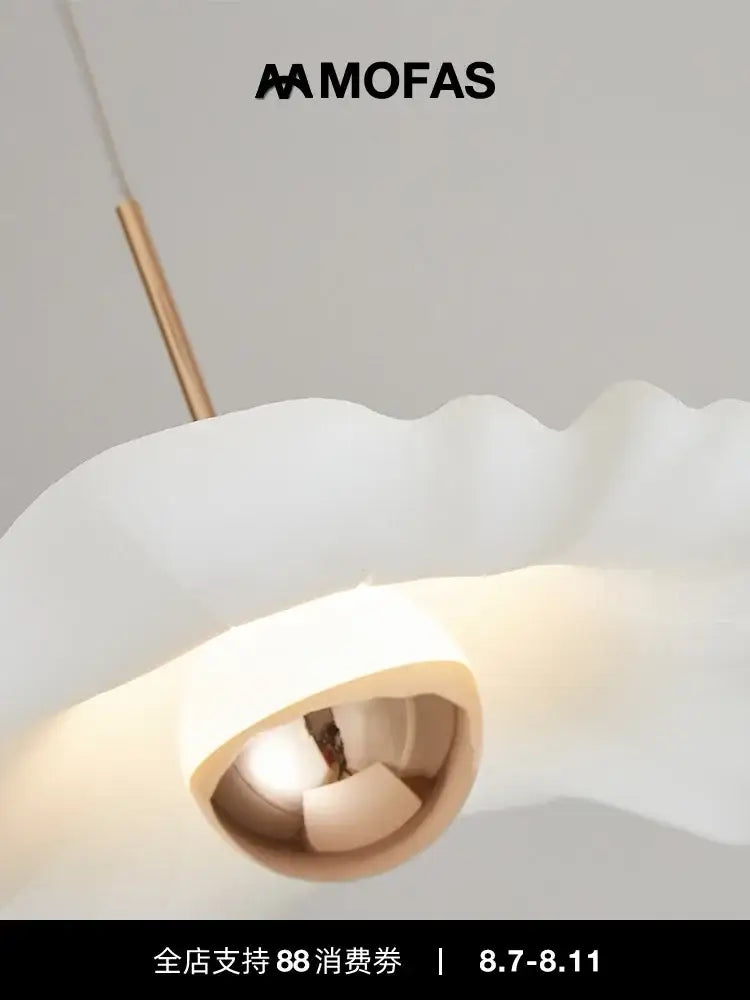 White wavy-edged decorbites lotus leaf pendant light with gold suspension rod and inner circular light fixture