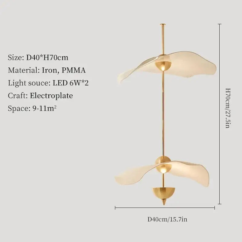 Gold electroplated iron and pmma decorbites lotus leaf pendant lights with two translucent petal-shaped shades for ceiling use