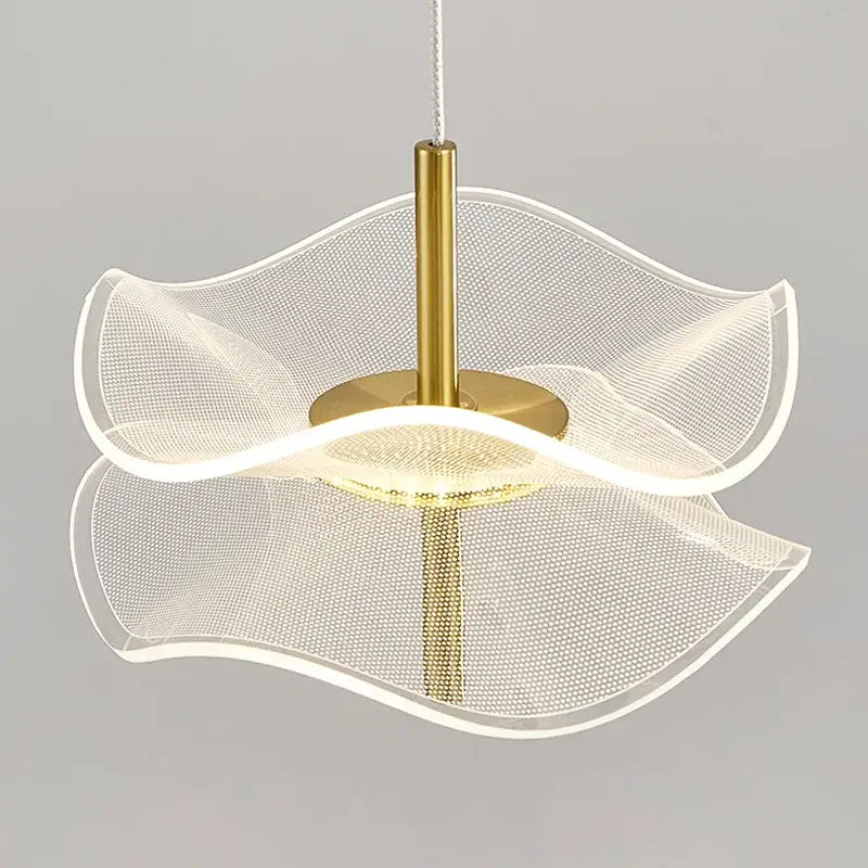 DecorBites lotus leaf pendant lights feature gold metal stems with translucent wavy mesh layers emitting soft white glow