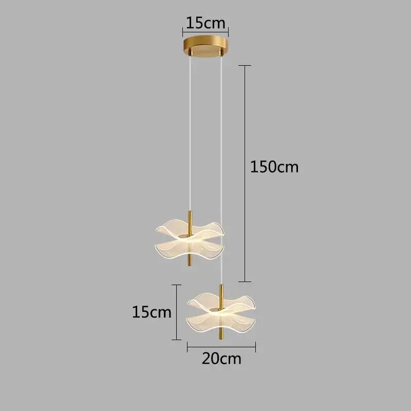 Gold-toned decorbites lotus leaf pendant lights with two translucent petal-shaped diffusers suspended by thin cords