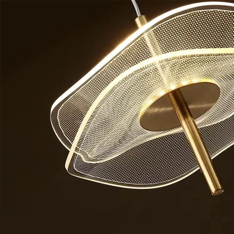 Modern gold-toned decorbites lotus leaf pendant light with curved mesh panels and integrated led lighting for bedroom and restaurant