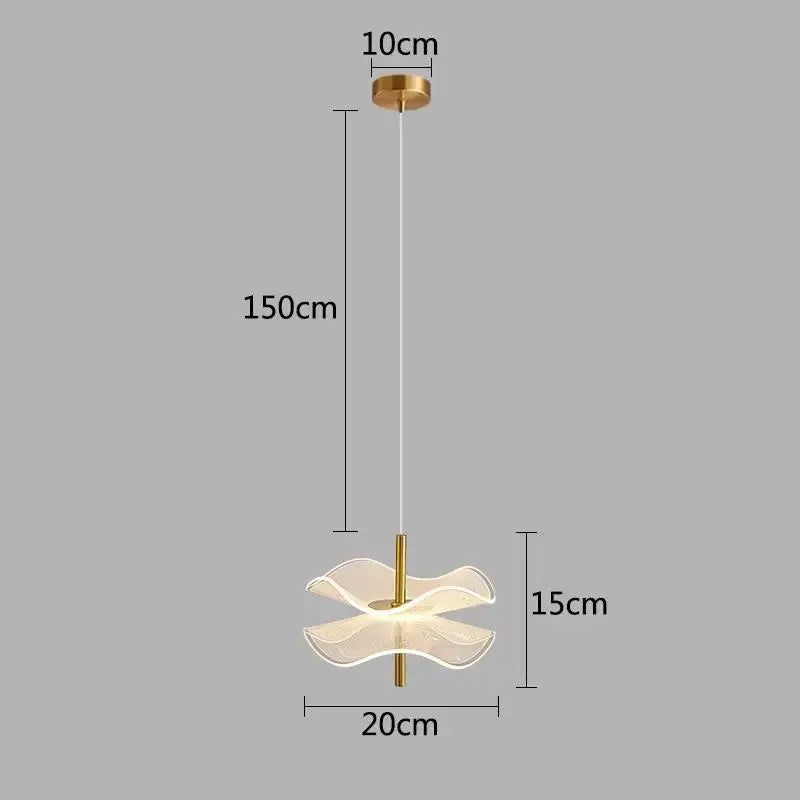 A modern decorbites lotus leaf pendant light with gold metal frame and translucent petal-shaped glass diffusers for bedroom and restaurant