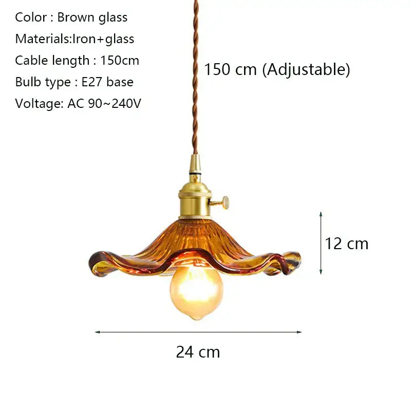 Brown glass pendant light with brass-finished iron fixture and twisted cord decorbites lotus leaf pendant lights