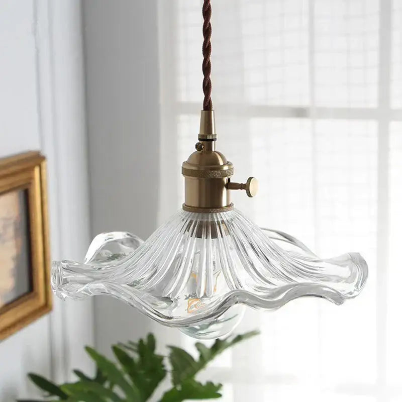 Clear glass pendant lights with fluted wavy design and antique brass fixture decorbites lotus leaf pendant lamp