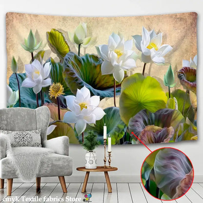 DecorBites lotus leaf tapestry featuring white lotus flowers and green leaves on beige for bedroom decor
