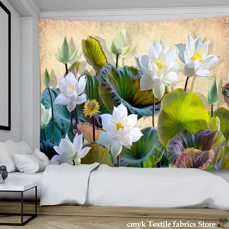 Decorbites lotus leaf tapestry featuring white lotus flowers and green lily pads on an earthy textured background for decor