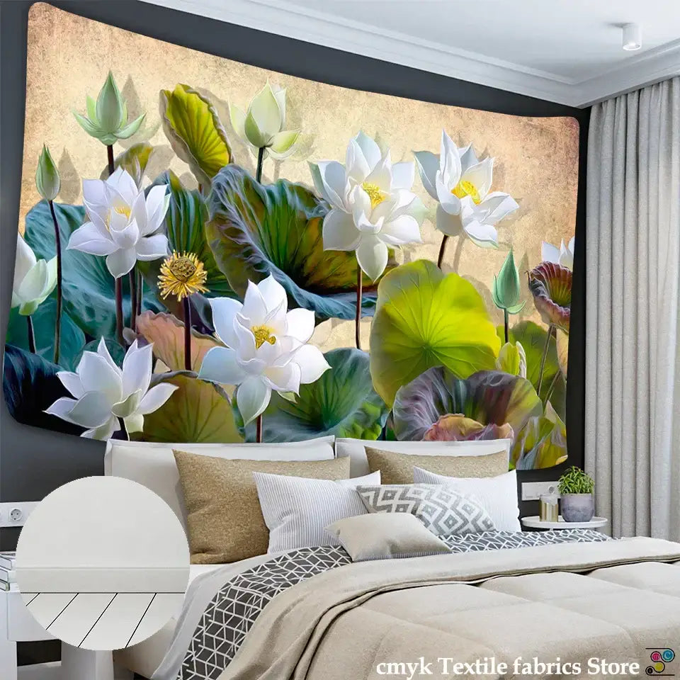 Decorbites lotus leaf tapestry featuring white lotus flowers and green leaves on beige for bedroom decor wall hanging