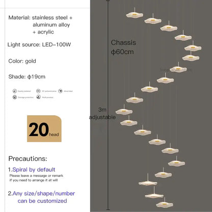 Gold-colored modern spiral chandelier with 20 led lights made of stainless steel and acrylic from decorbites lotus leaf tea series