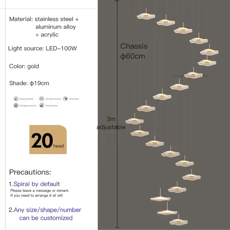 Gold-colored modern spiral chandelier with 20 led lights made of stainless steel and acrylic from decorbites lotus leaf tea series