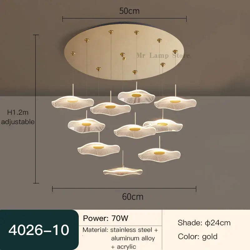 Gold-colored DecorBites™ lotus leaf tea chandelier with petal-shaped acrylic shades and alloy base for spiral staircase lighting