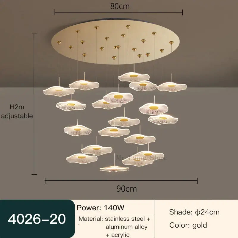 Gold-colored DecorBites™ lotus leaf tea chandelier with petal-shaped acrylic shades on a circular stainless steel base