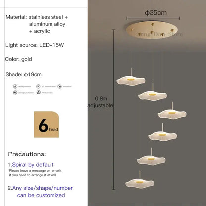 Decorbites™ lotus leaf tea spiral chandelier pendant light with six gold acrylic shades and stainless steel components