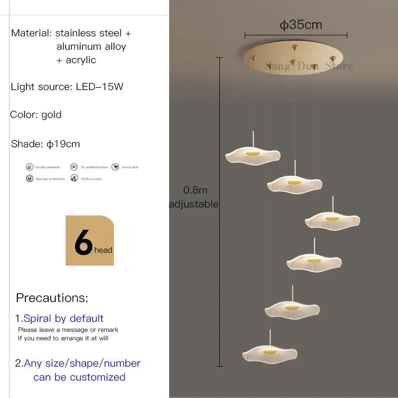 Decorbites™ lotus leaf tea spiral chandelier pendant light with six gold acrylic shades and stainless steel components