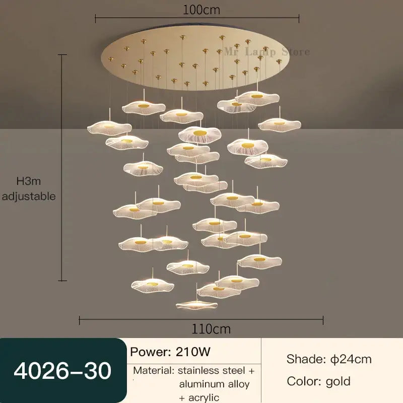 Gold-colored modern decorbites lotus leaf tea chandelier with translucent acrylic flower shades on circular alloy base