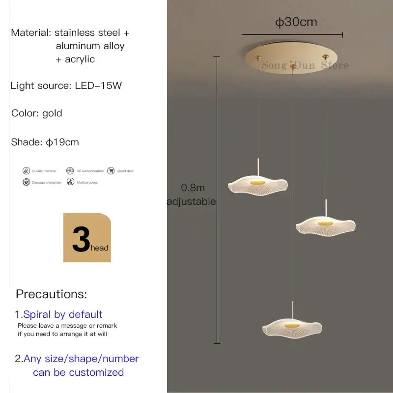 Gold-colored lotus leaf tea pendant light fixture with three heads made of stainless steel and aluminum alloy