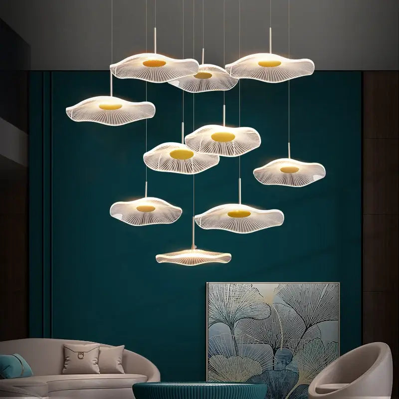 Modern white pendant lights with yellow centers in a lotus leaf tea pattern for decorbites™ chinese style chandelier