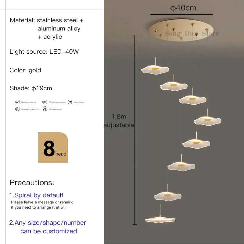 Gold-colored modern lotus leaf tea chandelier with eight cloud-shaped led lights on stainless steel alloy mount