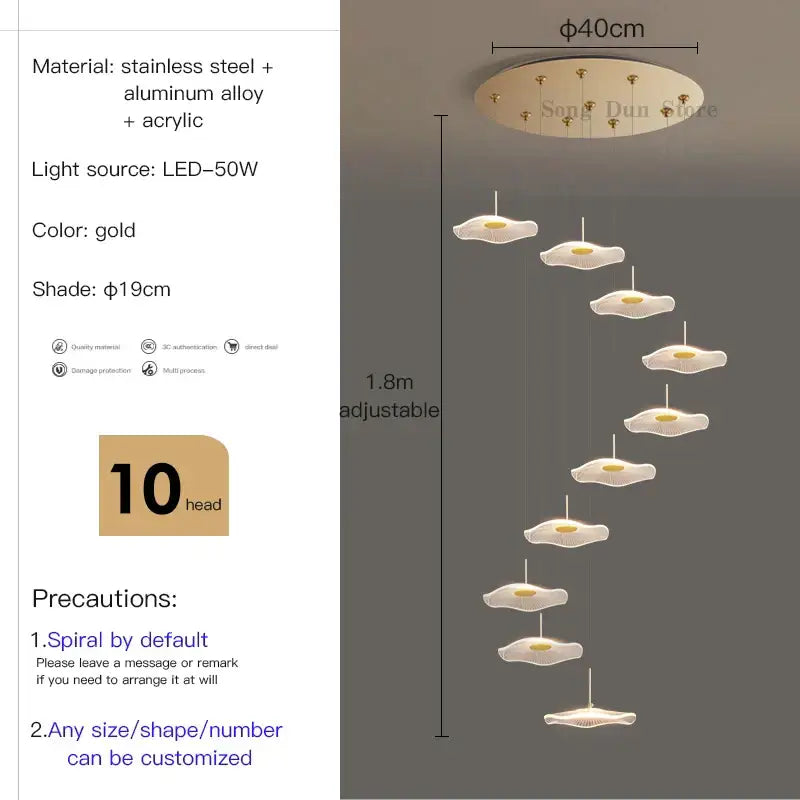 Gold spiral chandelier with ten white petal-shaped led lights suspended from stainless steel lotus leaf tea mount
