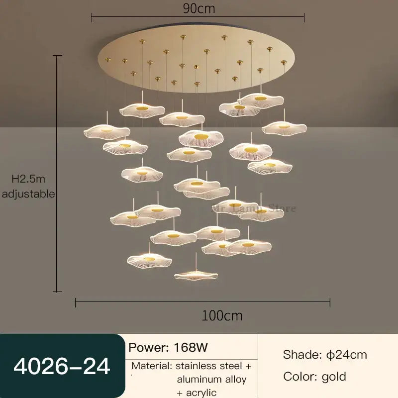 Decorbites lotus leaf tea spiral staircase chandelier with gold petal-shaped acrylic shades and stainless steel base
