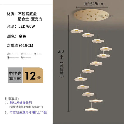 Golden modern chandelier with 12 cloud-shaped led lights on stainless steel base inspired by lotus leaf tea design