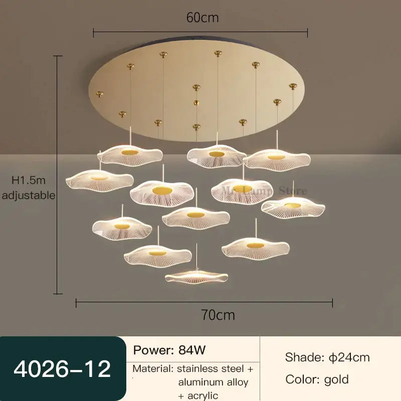 Gold-colored DecorBites™ lotus leaf tea chandelier with circular mount and translucent petal-shaped acrylic shades