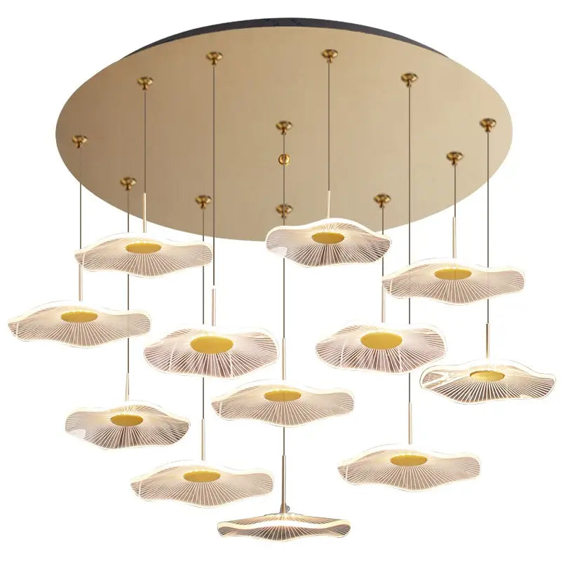 Modern gold-toned DecorBites™ lotus leaf tea spiral staircase chandelier with petal-shaped leaf tea light fixtures