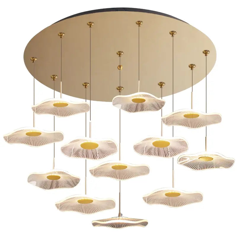 Modern decorbites™ lotus leaf tea chandelier with white petal-shaped lights and gold-toned circular mount