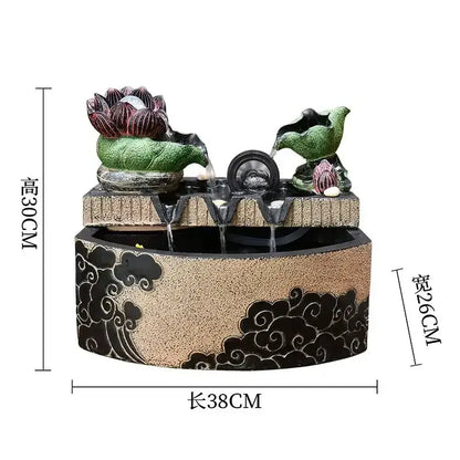 Decorbites lotus leaf two-tiered ceramic water feature with sculpted lotus blossoms and cloud motifs for housewarming