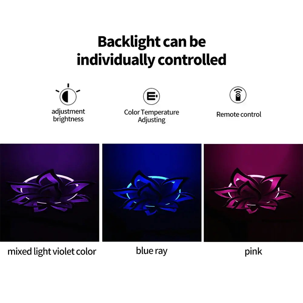 Decorbites lotus led chandelier with flower-shaped black silhouette and customizable violet blue pink backlighting for interiors