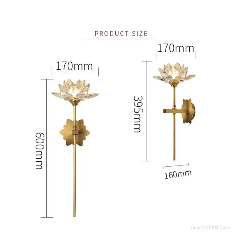 Gold-toned decorbites lotus led wall lamp with clear crystal lotus flower design for chinese style bedroom and living room decor