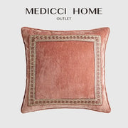 A soft rose-colored velvet pillow cover with ornate gold-toned embroidered border by decorbites lotus pink european style